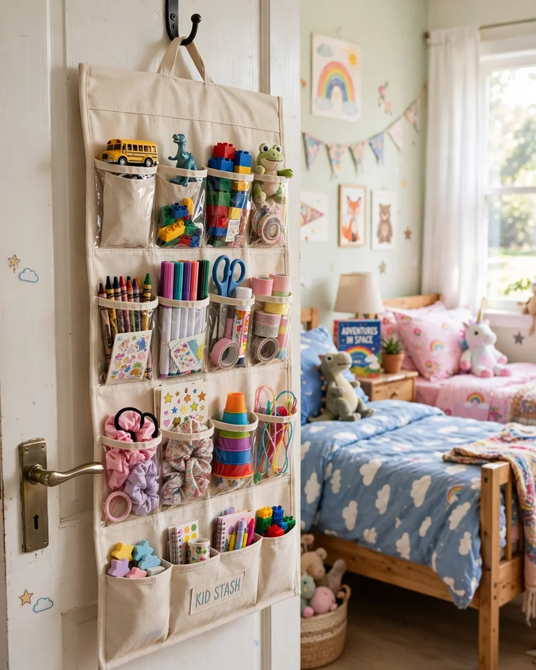 A fabric over-the-door organizer with pockets of toys and art supplies behind a bedroom door