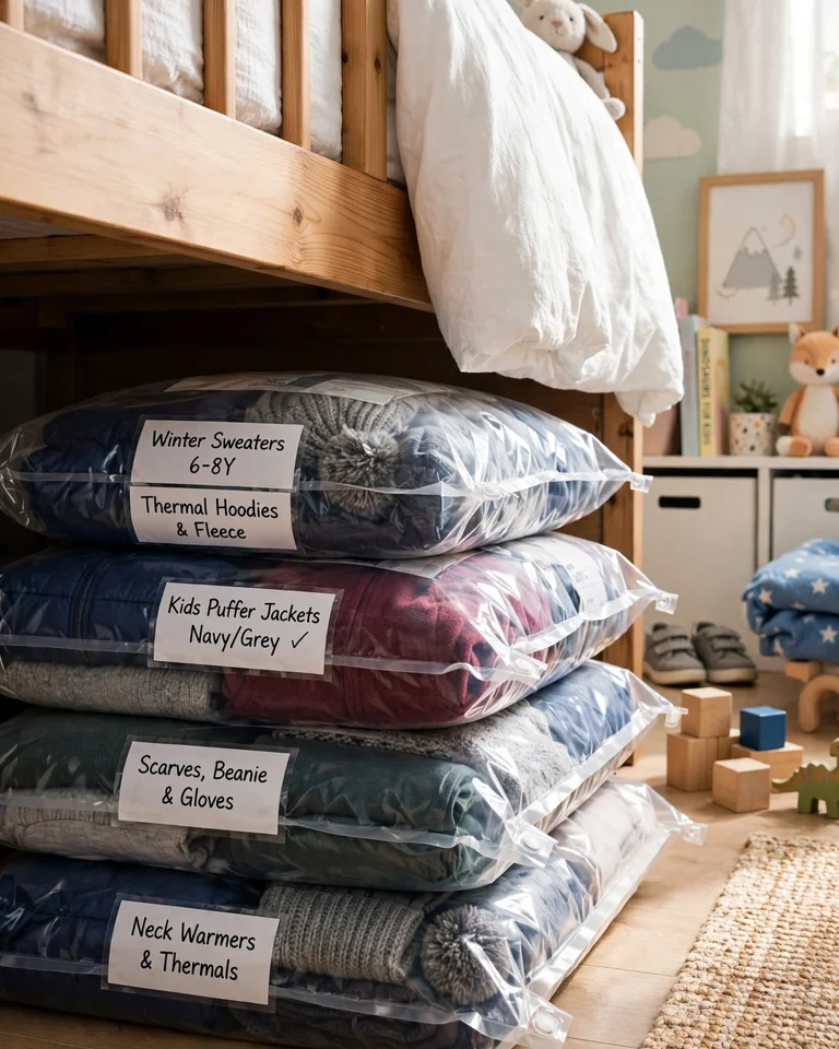 Flat labeled vacuum compression bags stacked under a kids bed with winter clothes