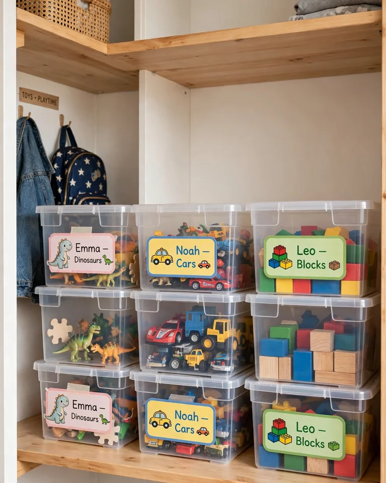 Labeled stackable plastic storage bins with picture labels for each child in a closet
