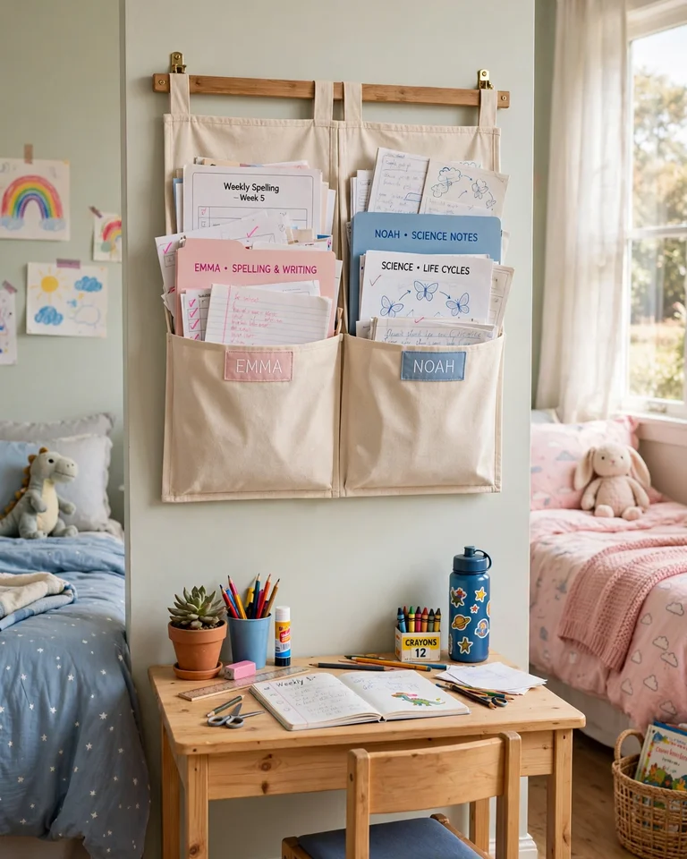 A wall-mounted file organizer with two pockets above a kids desk, one labeled per child