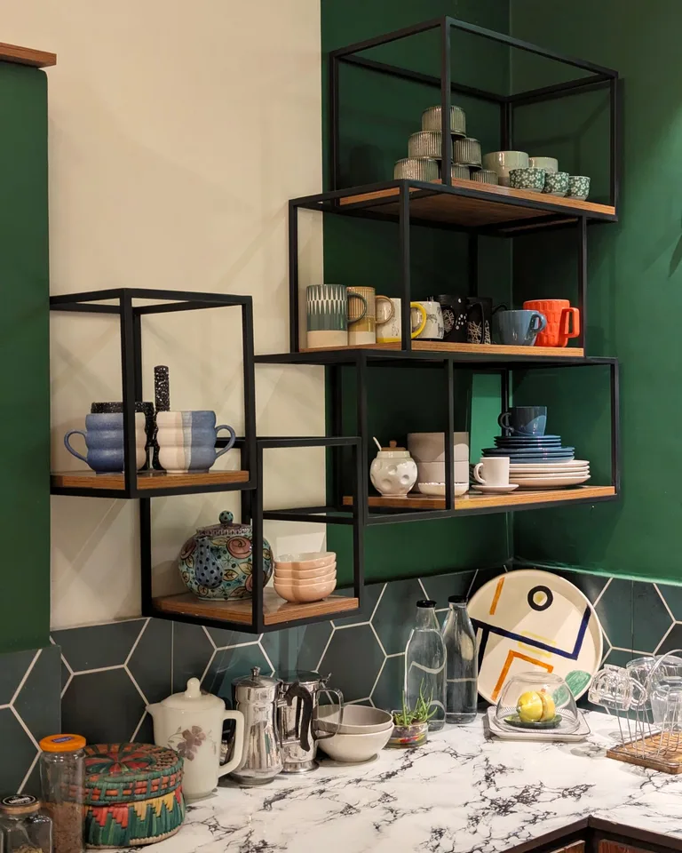 Styled open shelves with dishes and small decor pieces