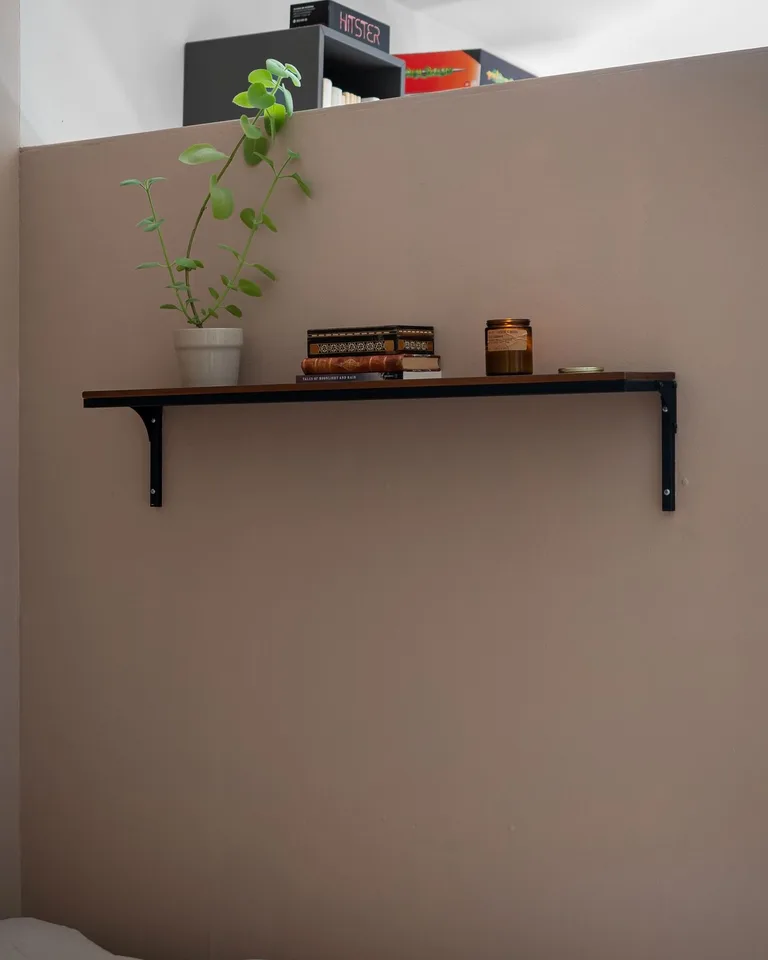 High wall shelf above a bed holding a plant, books, and a candle