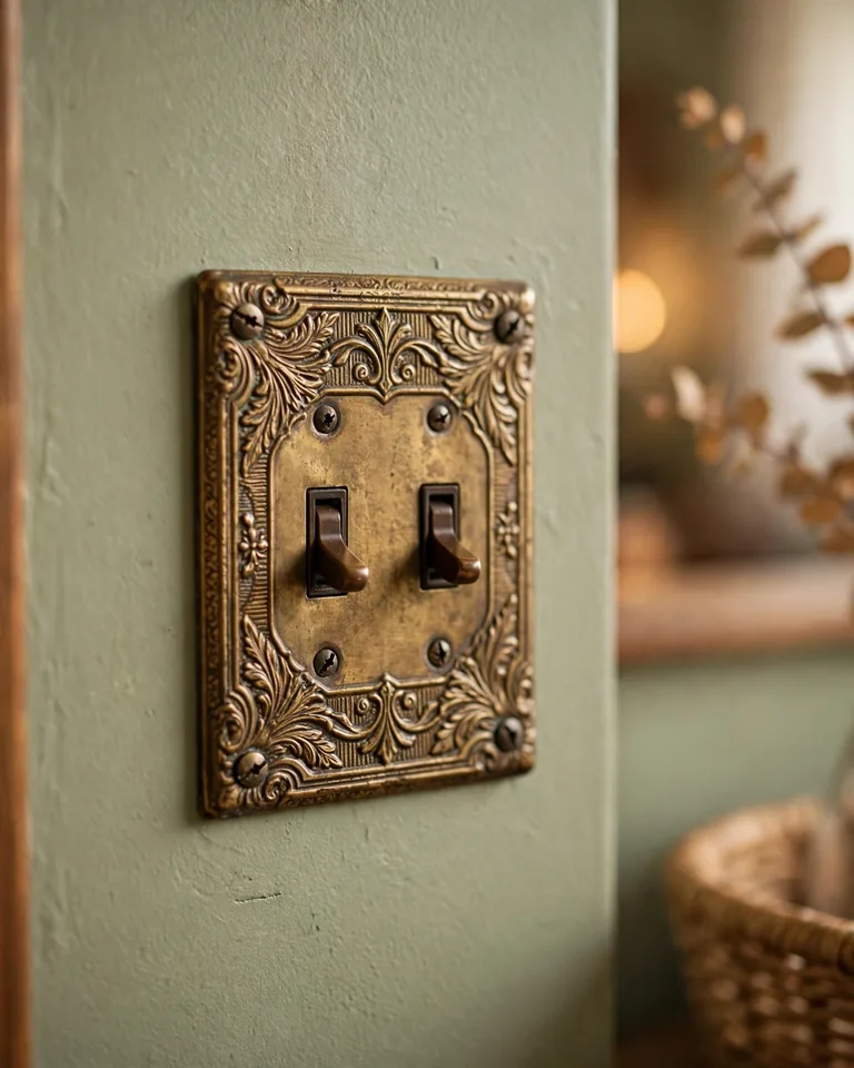 Ornate antique-brass light switch plate on a sage-green painted wall