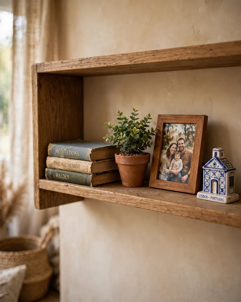 A wooden shelf styled with books, a small plant, a framed family photo and a travel souvenir