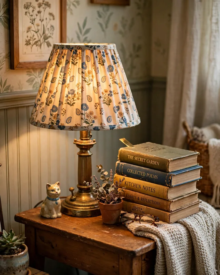 A vintage-style lamp with a patterned shade glowing on a wooden side table beside books