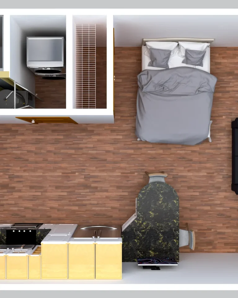 A top-down floor plan of a studio apartment showing the bed, sofa, kitchen, and bathroom zones in one open layout