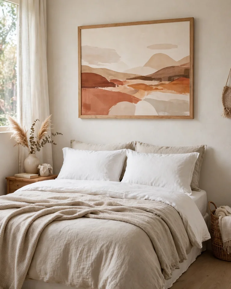 A large framed abstract print in beige and terracotta hanging above a neatly made bed