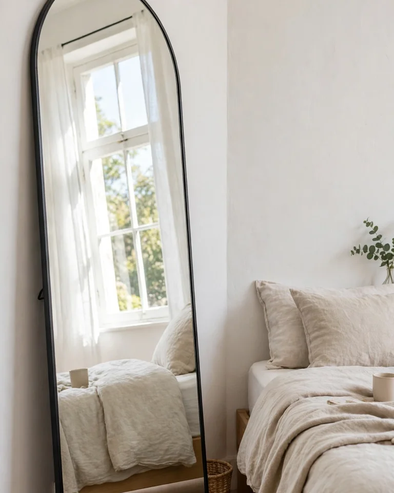 A tall arched floor mirror leaning against a white wall beside a bed, reflecting window light