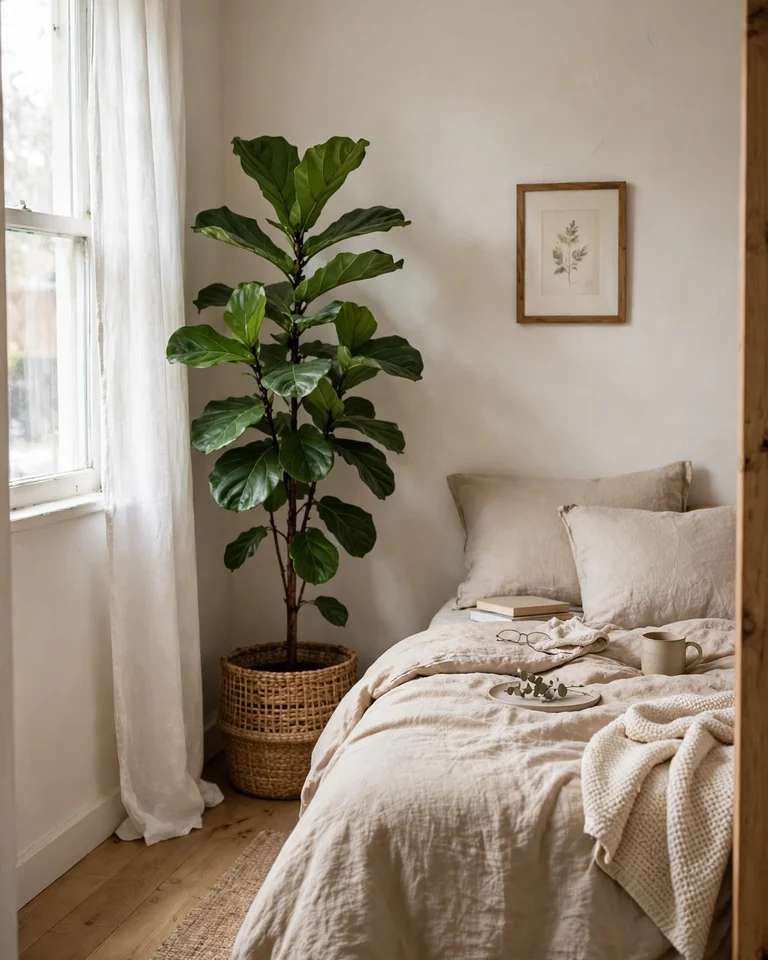 A tall leafy plant in a woven basket planter standing in the corner of a bedroom