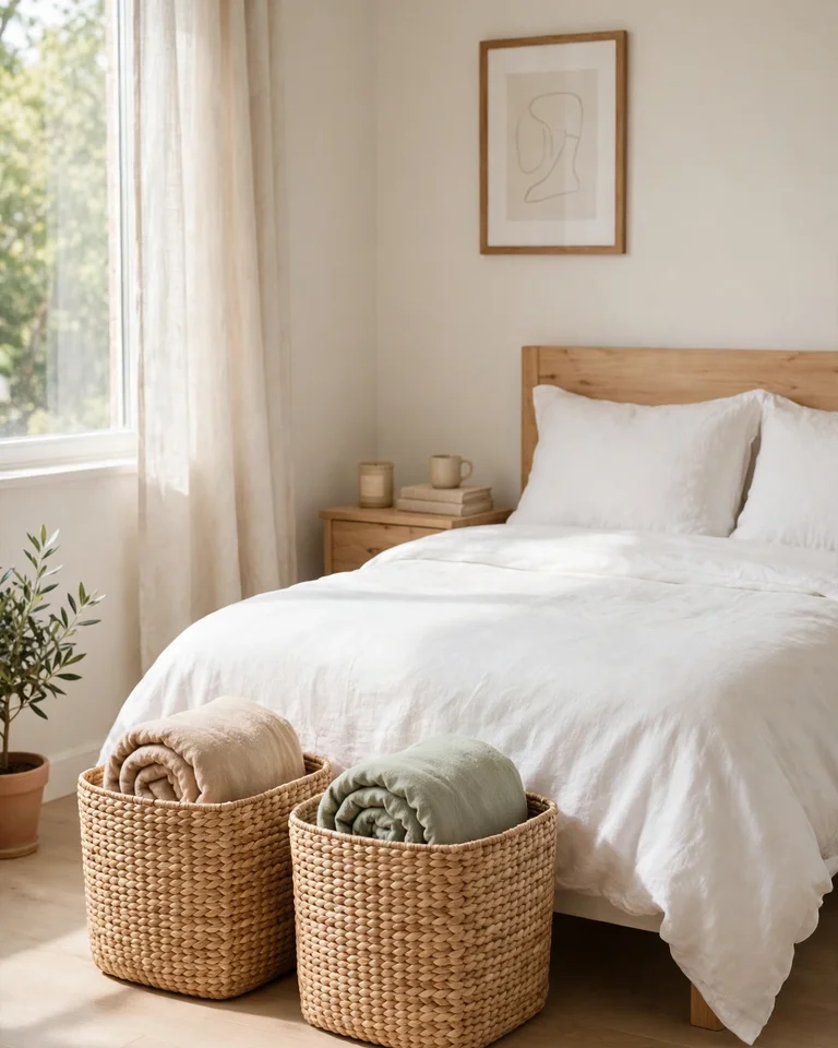 Two matching seagrass storage baskets with rolled blankets beside a bed