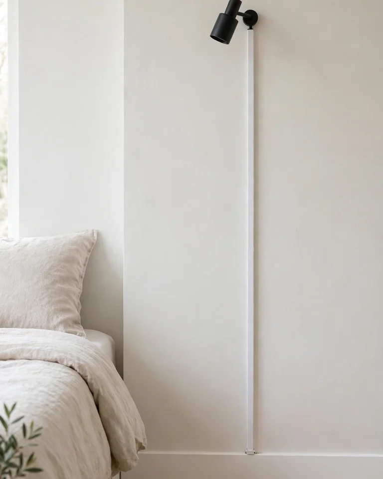 A tidy bedroom wall with a slim white cord cover running neatly beside a bed