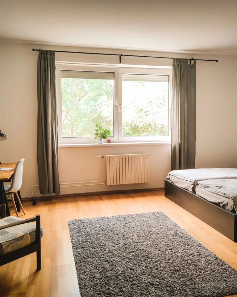 A finished studio room with a bed, desk, chair, and rug arranged in clear zones