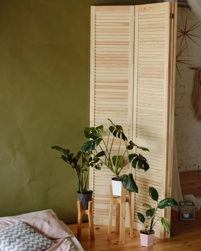 A light wood folding screen dividing a bedroom corner with plants placed in front of it