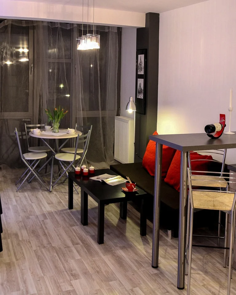 A tidy studio apartment living area with a sofa, dining table, and kitchen in one open room