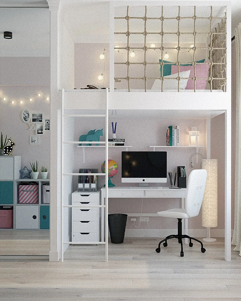 A loft bed with a desk and seating area underneath in a small studio apartment