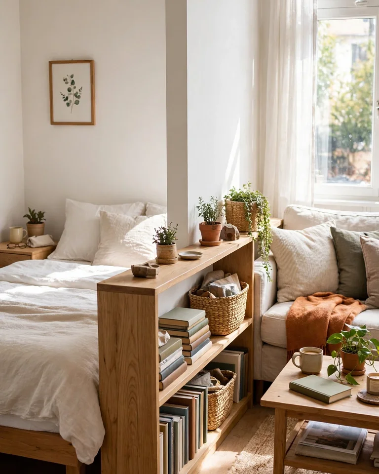 An open shelving unit used as a room divider between a bed and a living area