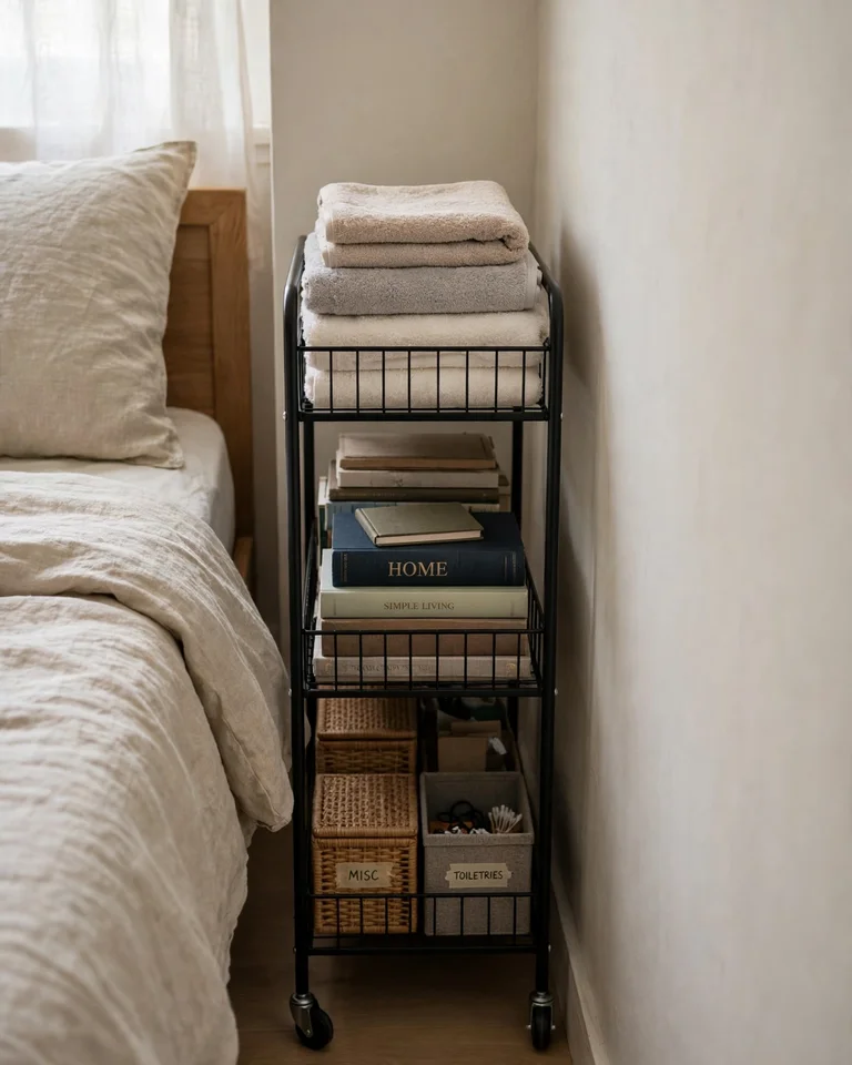 A narrow rolling storage cart slid between a bed and a wall