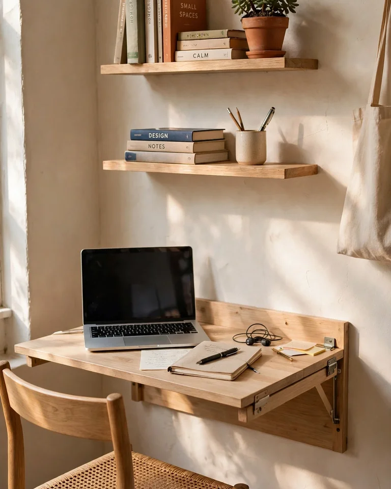 A fold-down wall-mounted desk with shelves above it in a small apartment