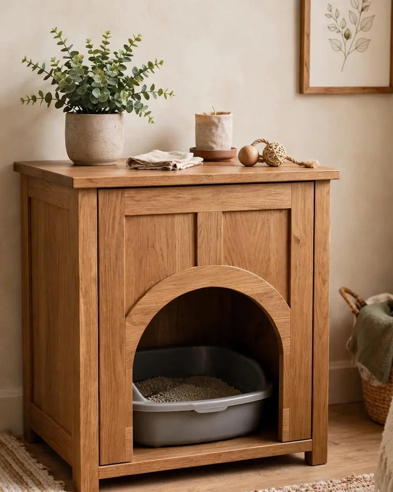 Wooden cabinet side table hiding a cat litter box
