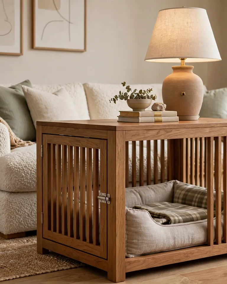Wooden furniture-style dog crate doubling as an end table