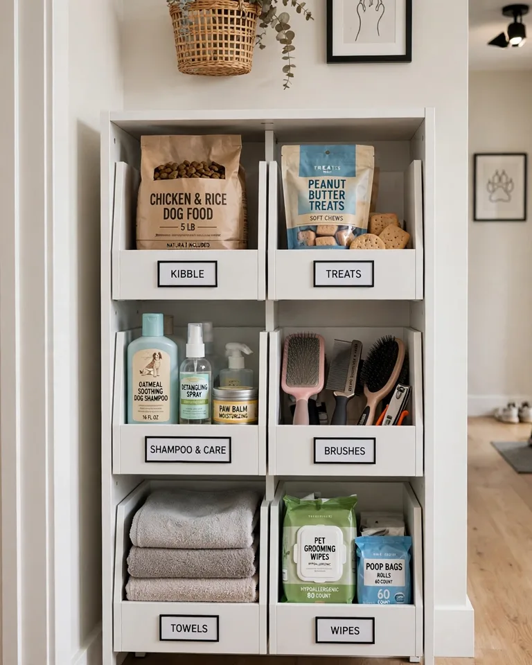 Slim storage cabinet with pet grooming supplies and food bins