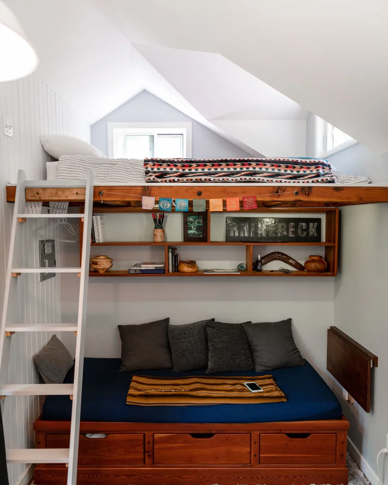 Bed frame with built-in storage drawers underneath