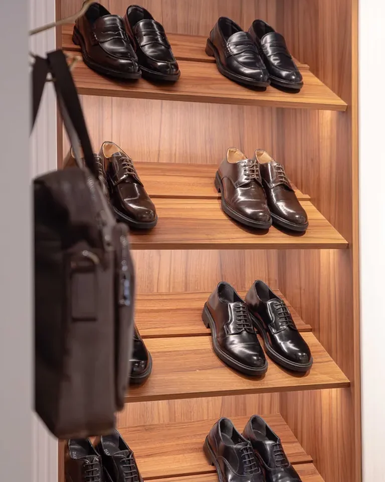 Shoes neatly lined up in an organized closet