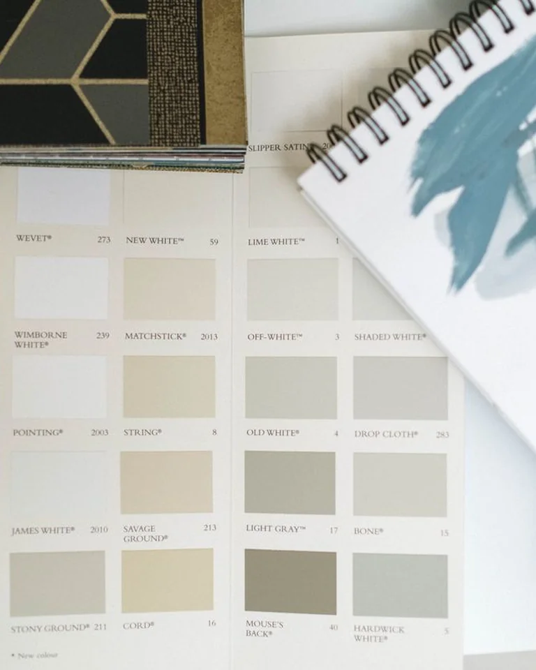 Paint color chart with neutral and sage-gray swatches for planning a sage bedroom