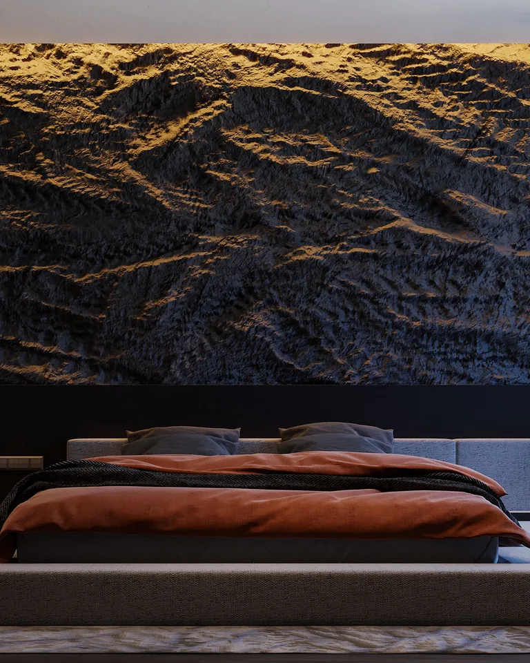 Modern bedroom mixing lighting fixtures and wall art in monochrome tones
