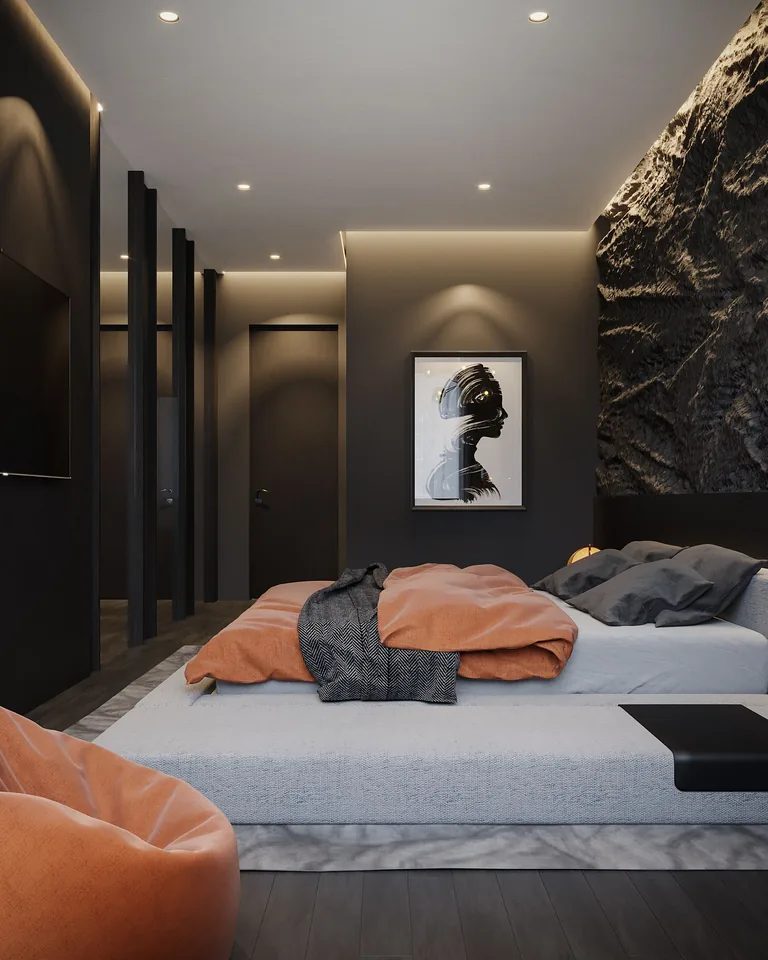 Sleek bedroom with black walls and modern design