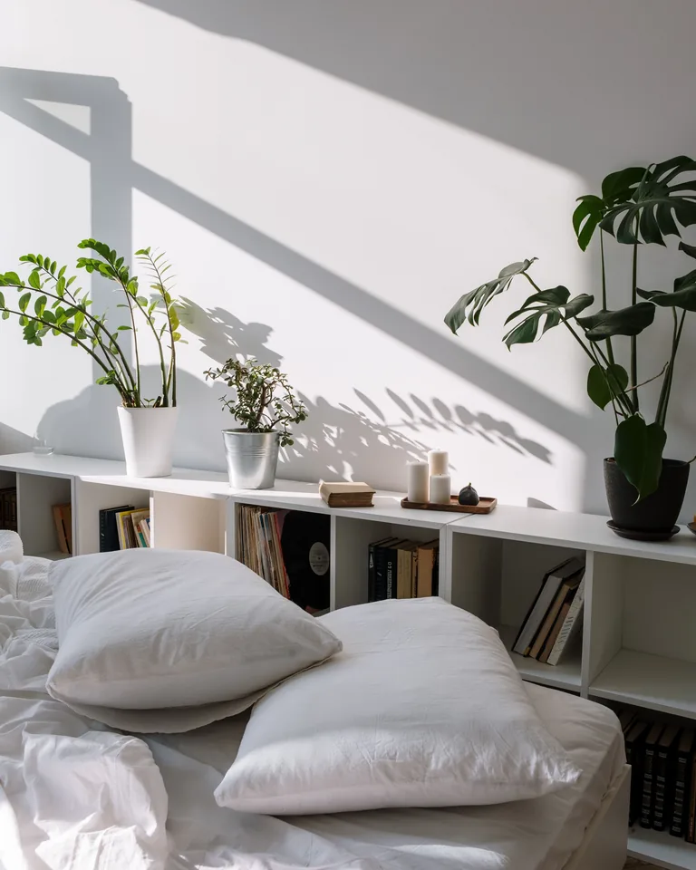 Bright bedroom with sunlight, green plants and soft pillows